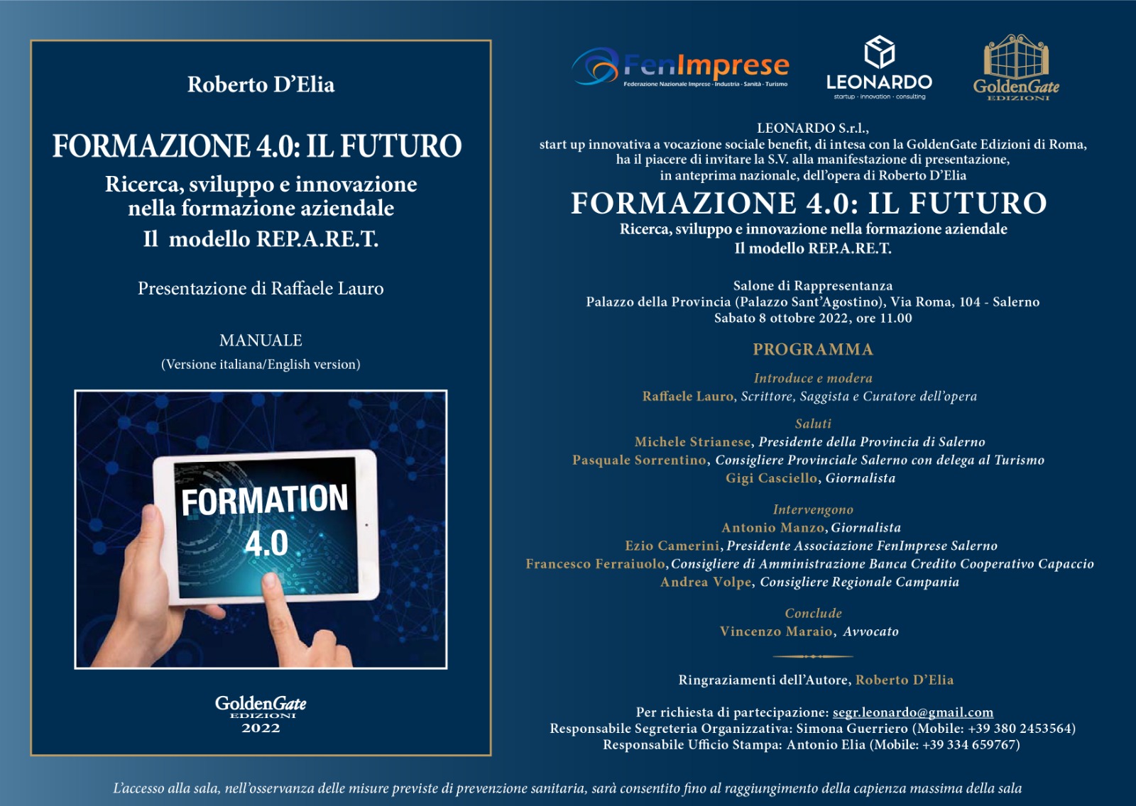 Sabato 8 ottobre alla Provincia Di Salerno la presentazione del libro sulla Formazione 4.0 di Roberto D’Elia con il supporto di Fenimprese Salerno